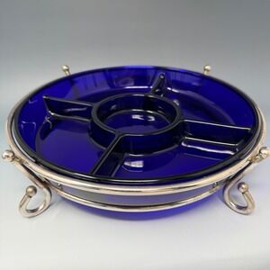 Godinger Cobalt Blue Glass Relish Dish Silver Plate Footed Caddy Made in France
